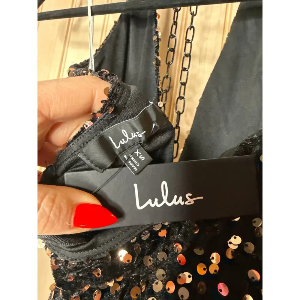 NWT Lulus Mesmerizing Diva Black Sequin Wide-Leg Halter Jumpsuit Party Size XS - Picture 8 of 9